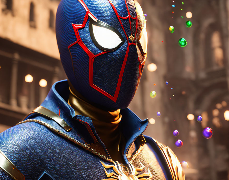 Detailed Spider-Man costume with illuminated eyes and colorful orbs close-up.