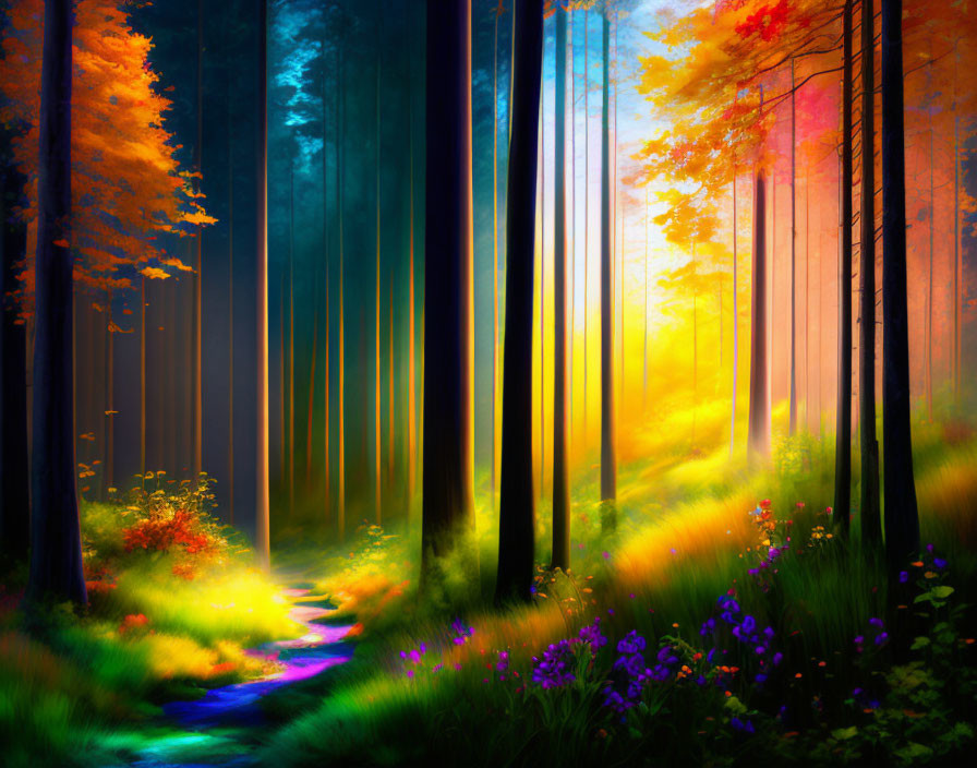 Sunlit Forest Scene with Tall Trees and Colorful Foliage