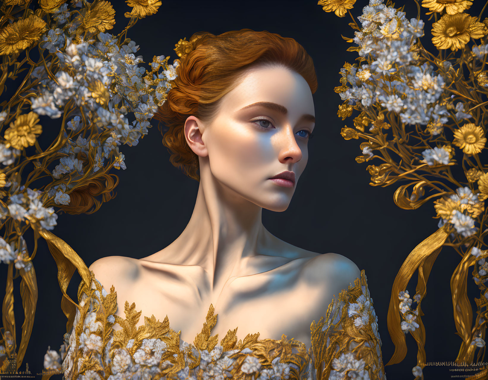 Portrait of Woman with Gold Floral Adornments on Dark Background