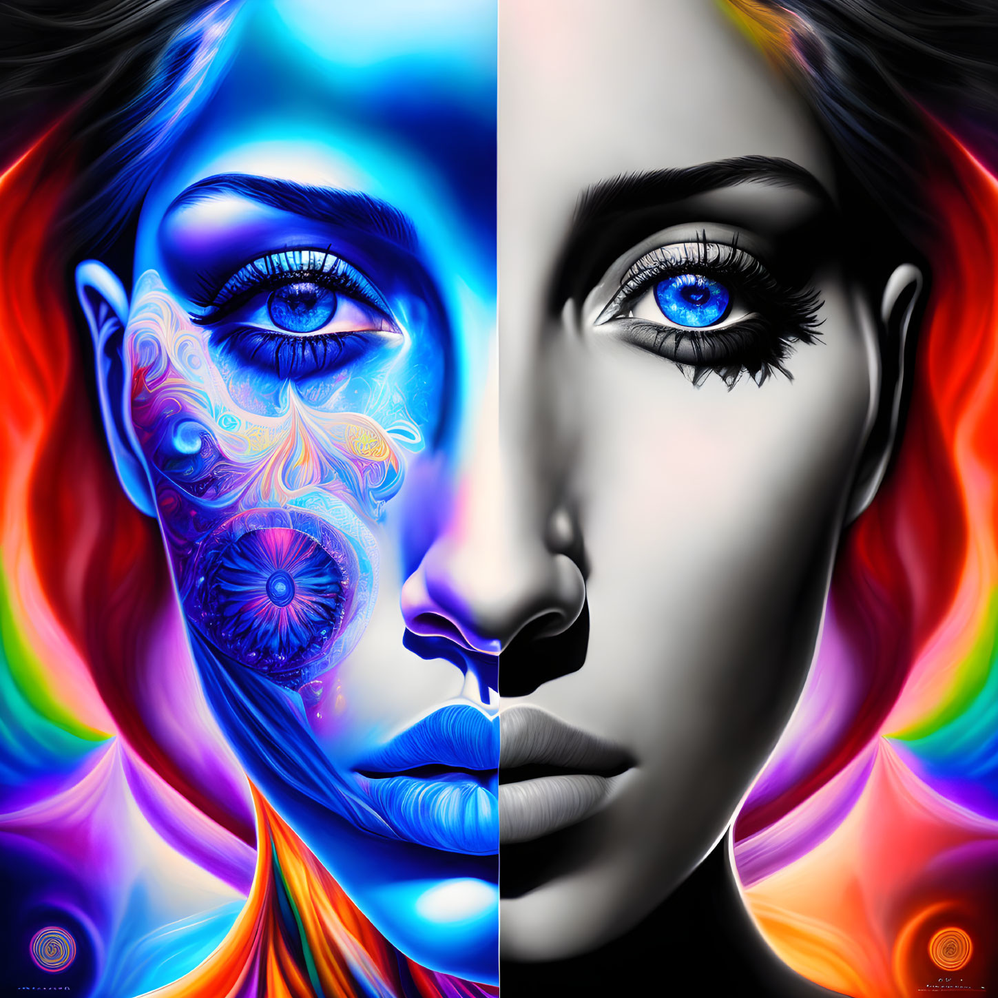 Digital Art Diptych: Woman's Face in Multicolor & Grayscale