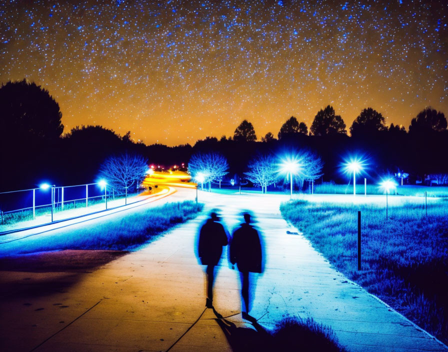 Night scene: Two people walking under starry sky and blue street lights.