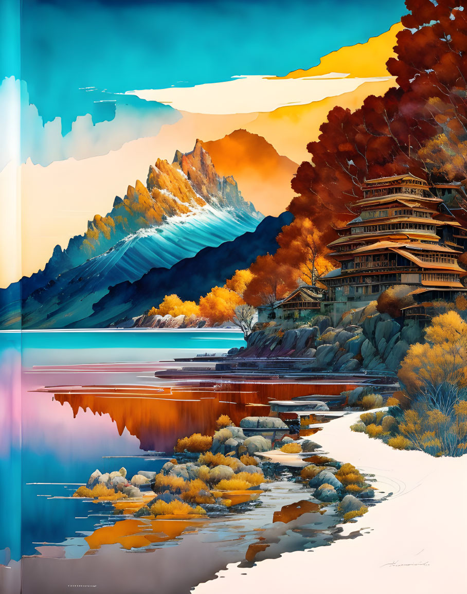 Digital artwork: Traditional Asian pagoda by calm lake, autumn trees, snowy mountains, orange sky