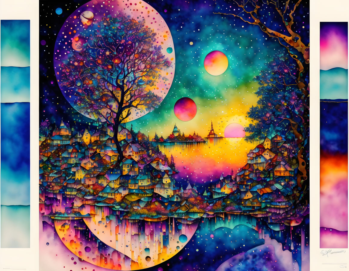 Colorful Fantasy Village Painting with Whimsical Houses under Starry Sky