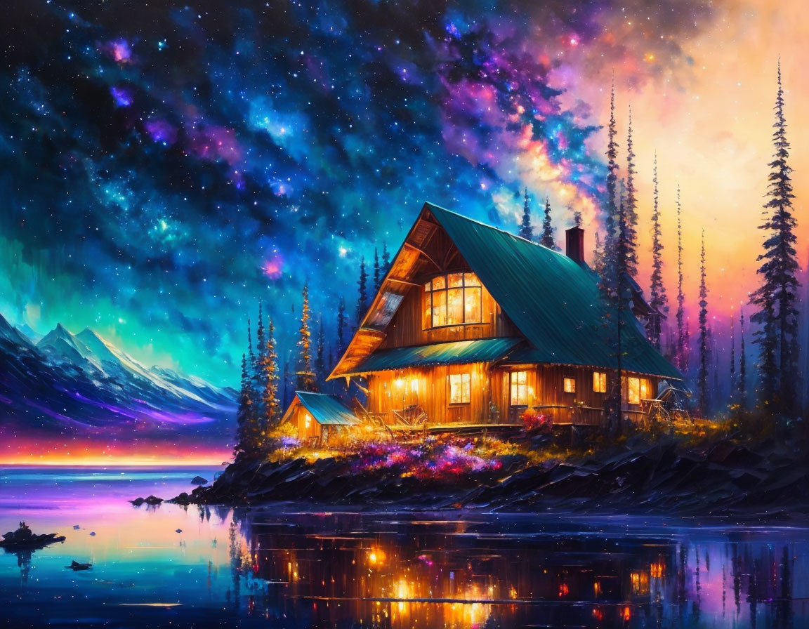 Scenic cabin by lake under starry sky with aurora borealis