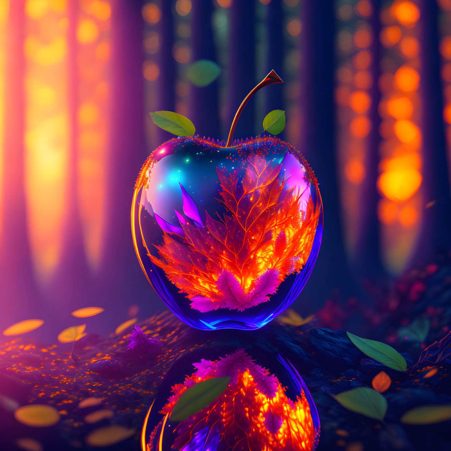 Glowing apple with foliage in illuminated woodland