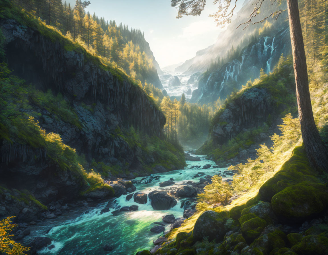 Tranquil river in sunlit forest valley with cliffs and waterfall