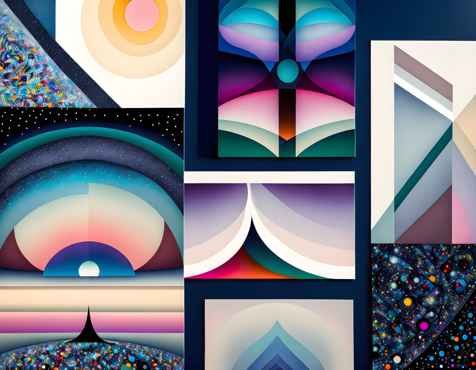 Abstract Art Collage: Geometric Shapes, Vibrant Colors, Cosmic Motifs