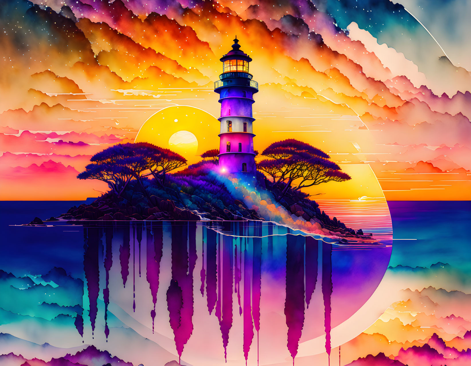 Lighthouse on islet with trees under starry sky and setting sun reflected in water