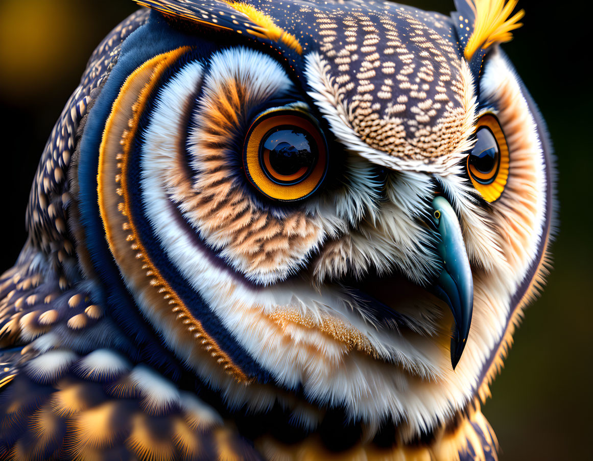 Detailed Close-Up of Owl with Orange Eyes and Sharp Beak