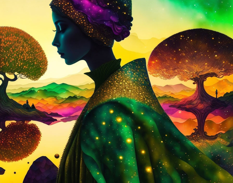 Vibrant profile view illustration of a cosmic woman in starry cloak amidst fantastical landscape