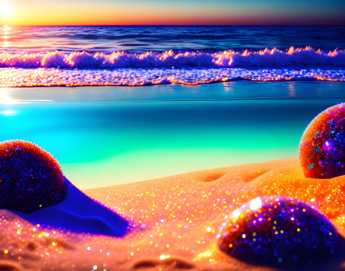 Colorful Beach Sunset with Sparkling Balls and Luminous Waves