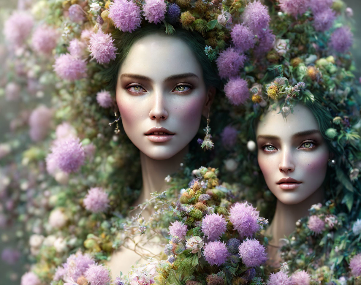 Ethereal Women in Digital Art with Floral Hair