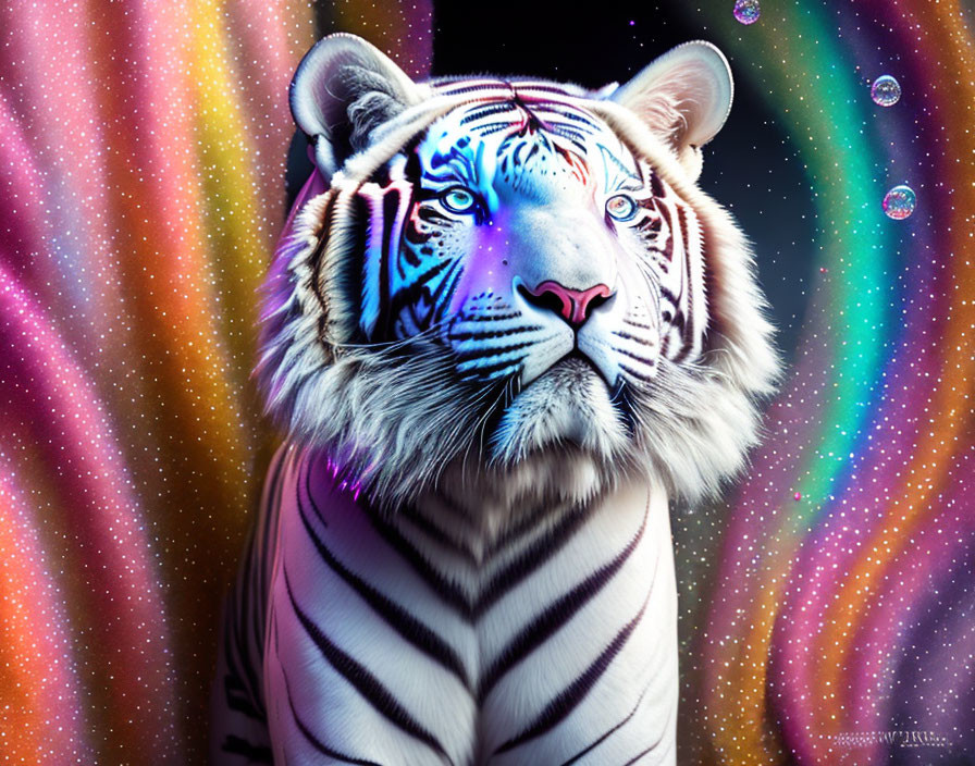 Colorfully Painted White Tiger with Galaxy Backdrop and Floating Bubbles