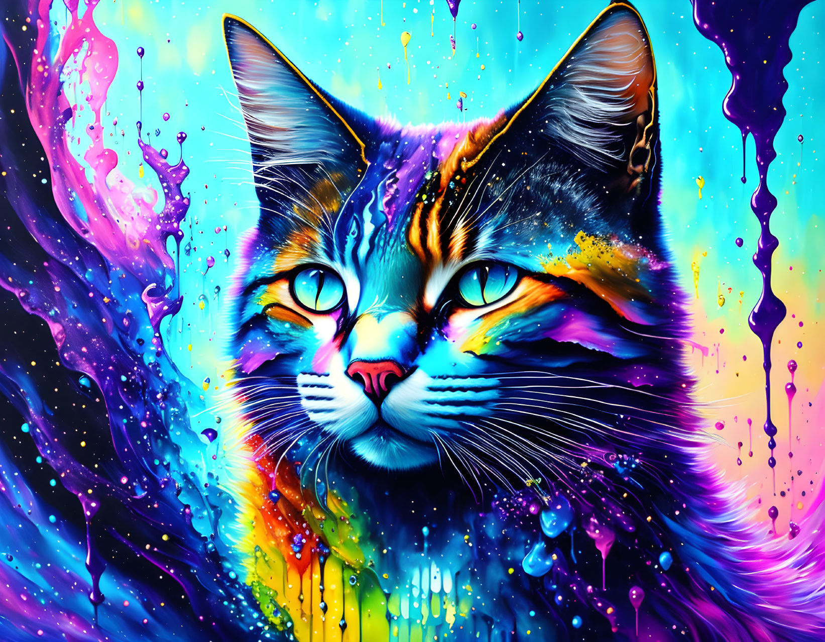 Colorful Digital Art: Cat with Neon Blues, Purples, and Yellows