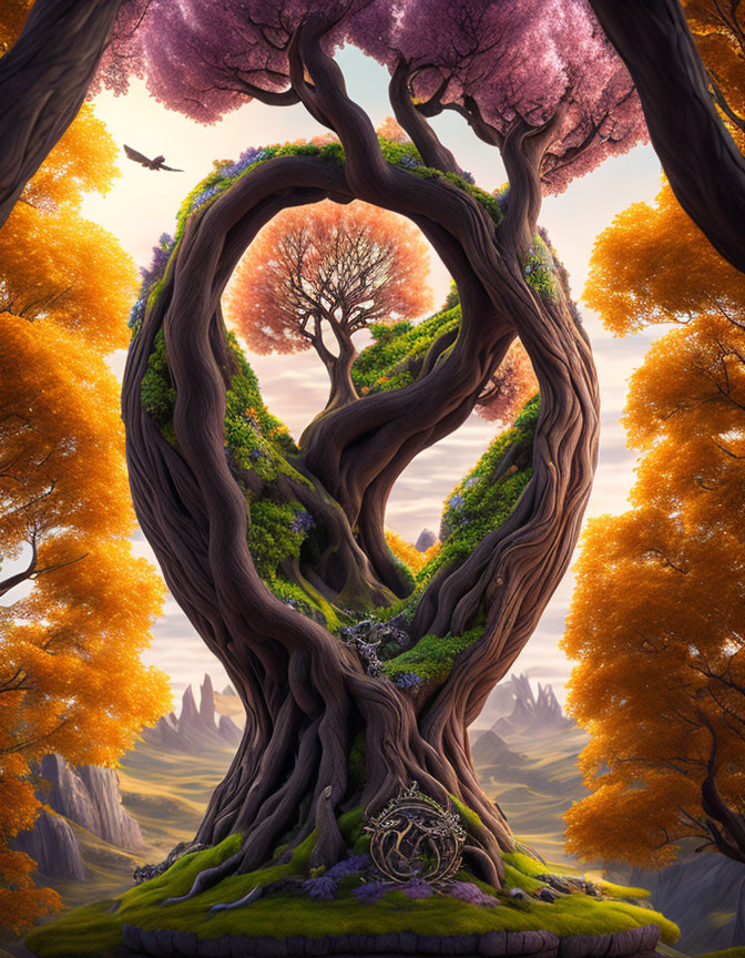 Interconnected tree trunks create heart shape in sunrise fantasy landscape