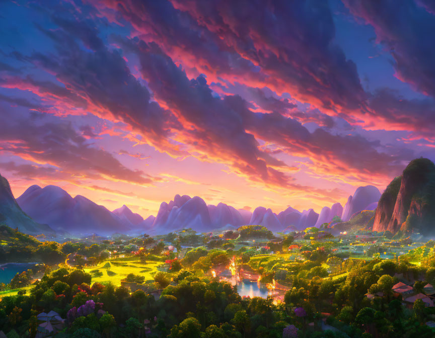 Vibrant sunset skies over rolling hills, river, and village