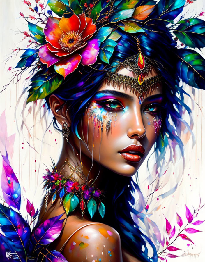 Colorful artwork featuring a woman with exotic headdress and jewel adornments