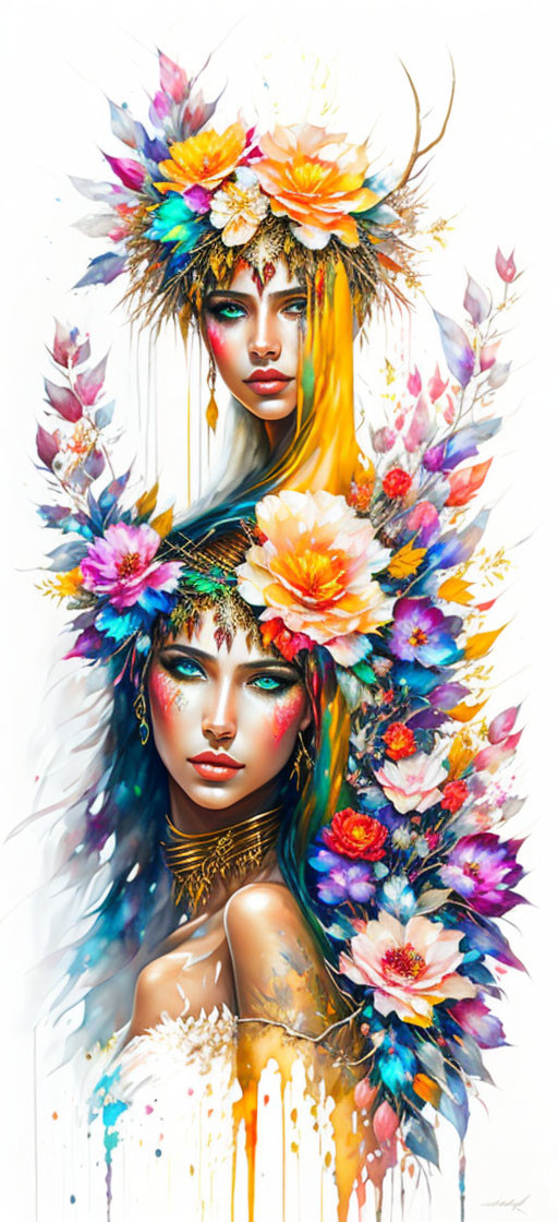 Colorful Artwork: Two Women in Elaborate Headdresses and Golden Ornaments