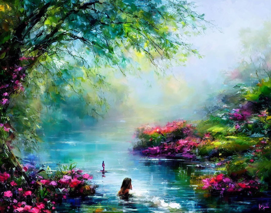 Tranquil river scene with blooming flowers, green trees, and people.