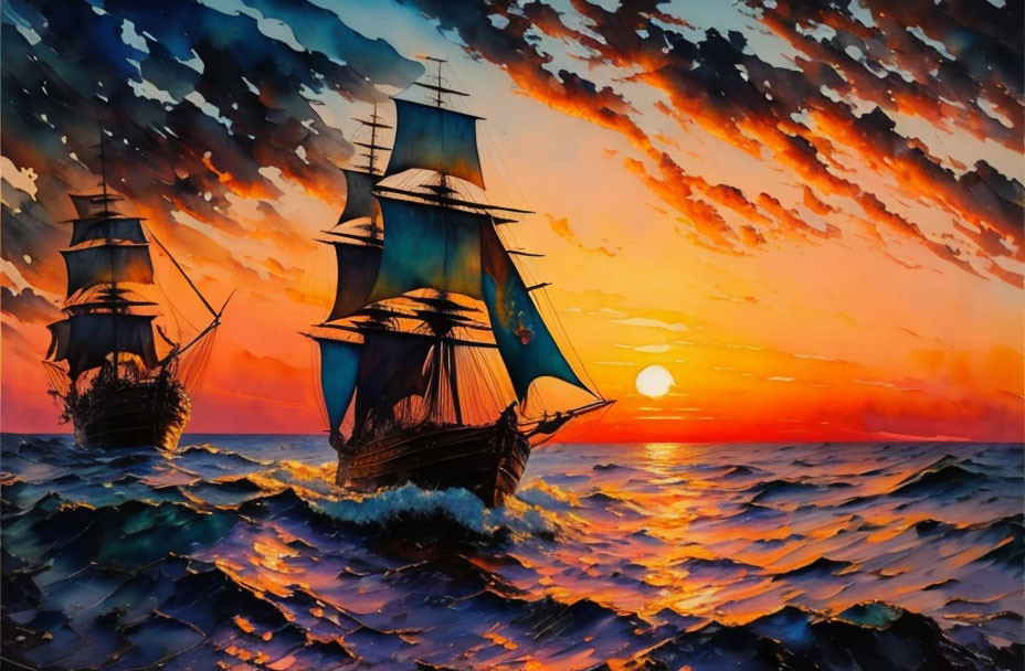 Sailing ships on turbulent ocean waves at sunset with vibrant sky.