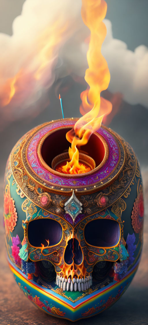 Colorful Decorated Skull with Candle Flame on Dark Background