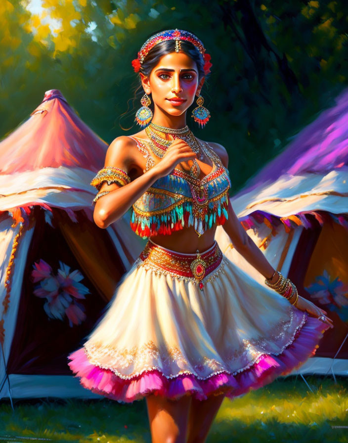 Traditional Attire Woman Stands by Colorful Tents in Warm Sunlight