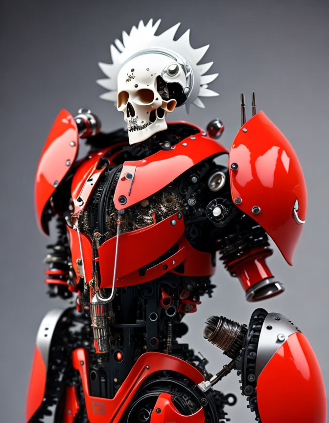 Red and Black Robot with Human Skull and Mohawk Detail