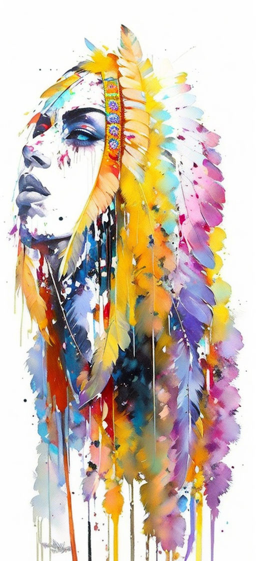 Colorful Watercolor Painting of Person with Feather Headdress