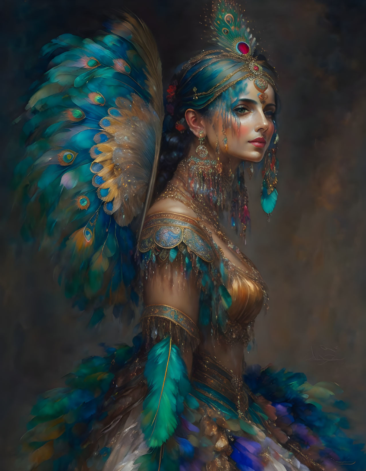 Woman in Peacock Feather Adornments and Golden Jewelry on Moody Background