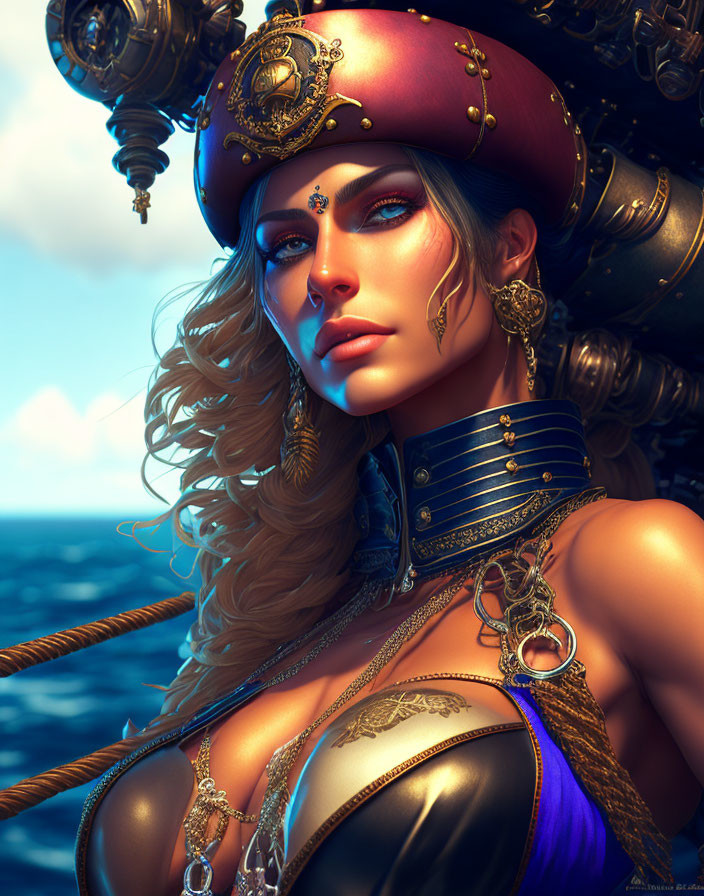 Digital artwork: Woman with golden hair in pirate hat and naval uniform against ocean.