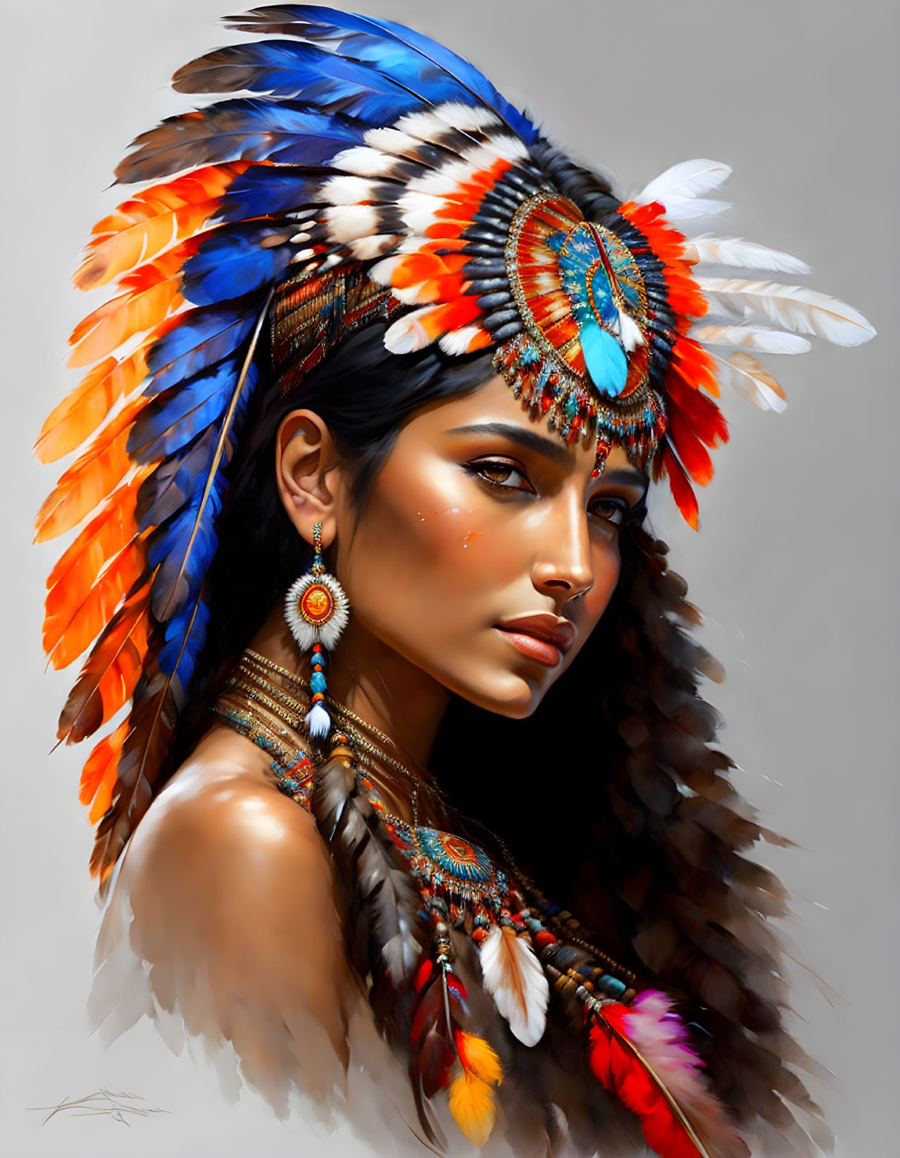 Vibrant Native American headdress with blue, orange, and white feathers