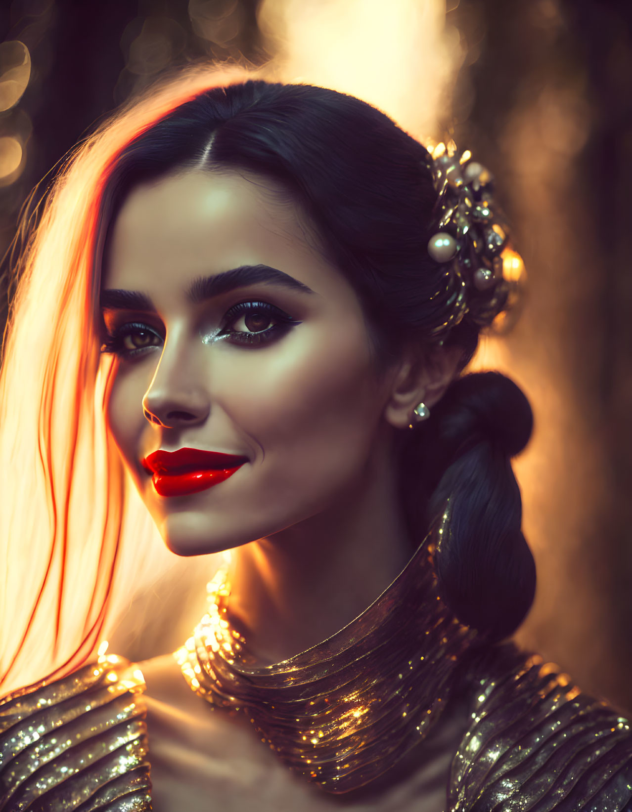 Portrait of woman with striking makeup, low bun, pearls, gold sequined outfit & warm backlight