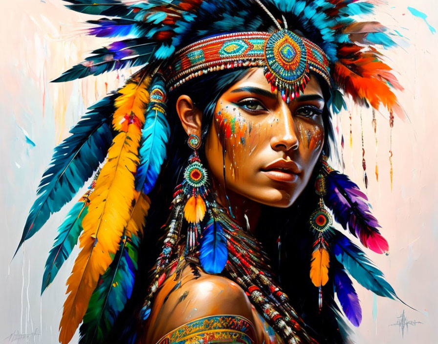 Colorful Feather Headdress Portrait with Strong Gaze