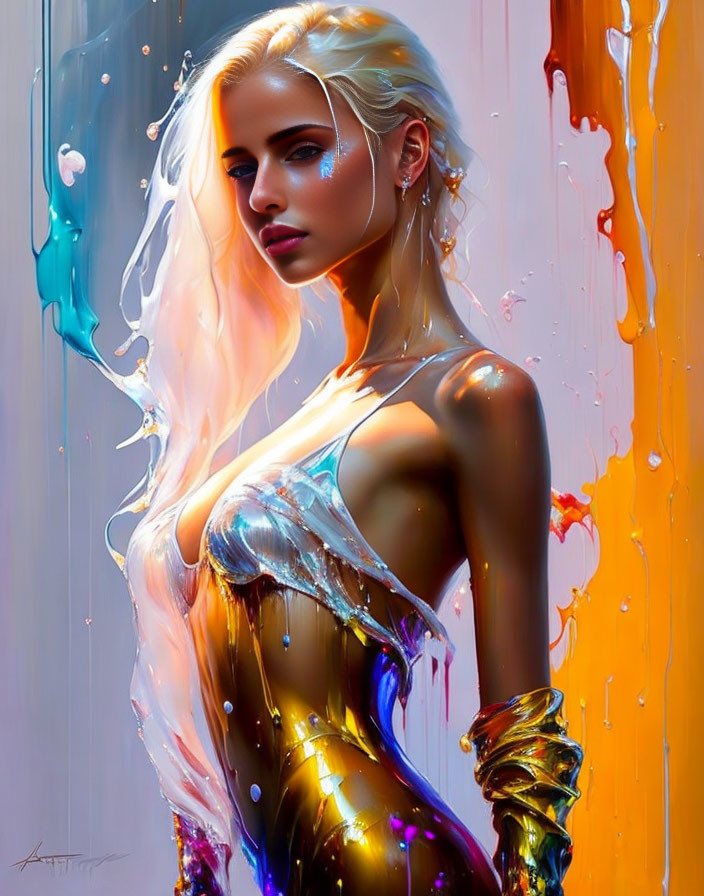 Platinum blonde woman in metallic bodysuit with paint accents