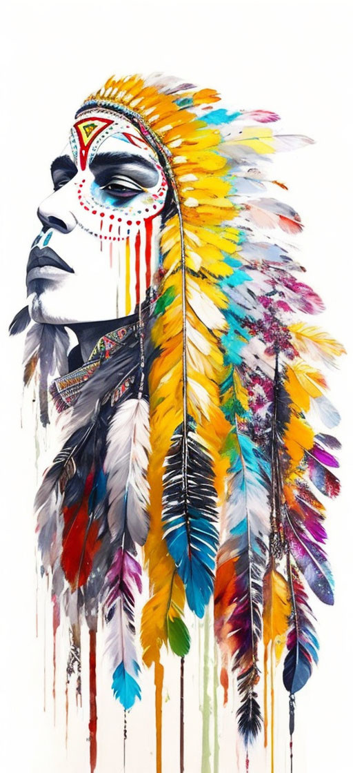 Person with Closed Eyes in Vibrant Feathered Headdress and Paint Drips