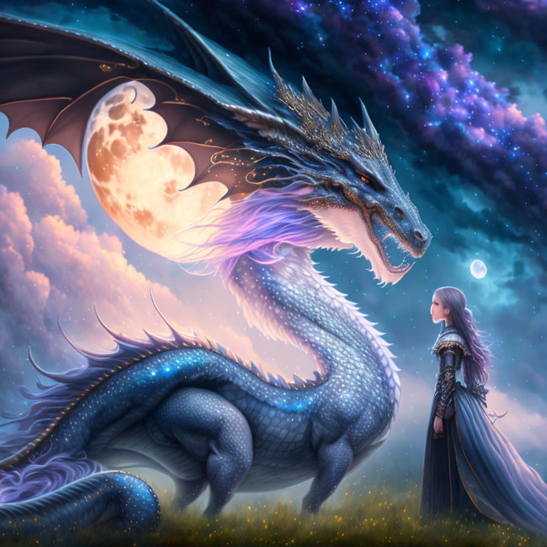 Blue dragon confronts woman under starry sky with moon.