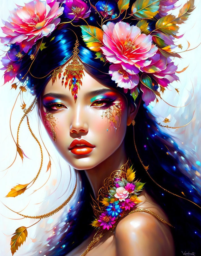 Vibrant digital portrait of woman with floral headpiece and jewelry