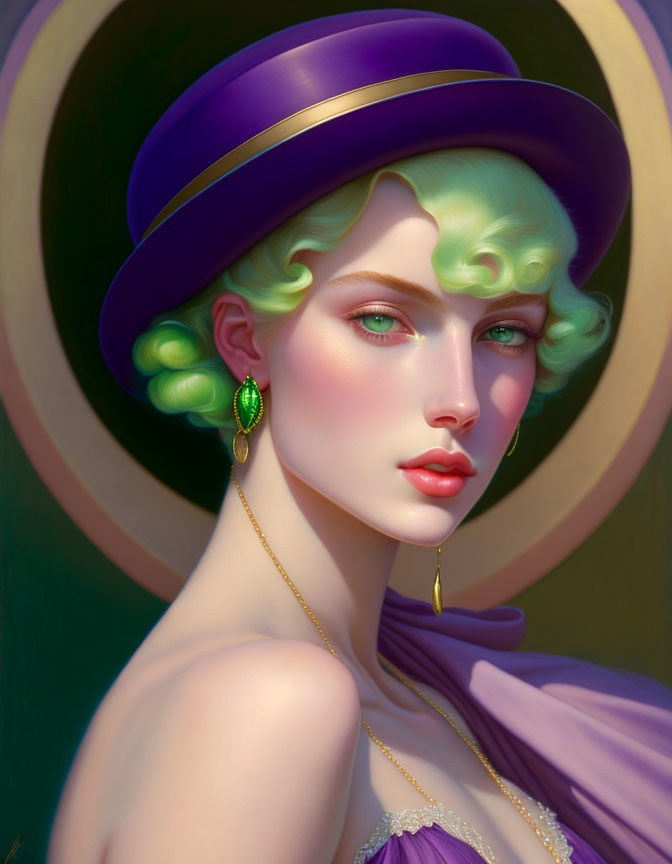 Stylized portrait of woman with green hair in purple attire against circular green and gold backdrop