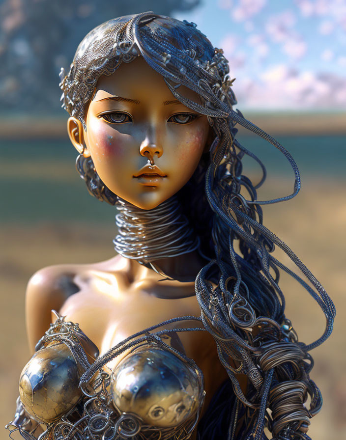 Female Figure in Metallic Armor with Detailed Hair on Blurred Nature Background