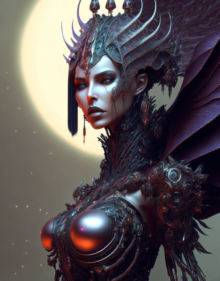 Fantasy character in metallic armor with feathered shoulders on moonscape background