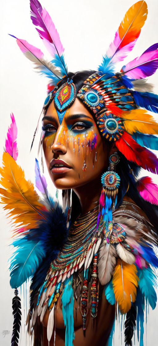 Vibrant Native American headdress adorned with vivid feathers and intricate beadwork.