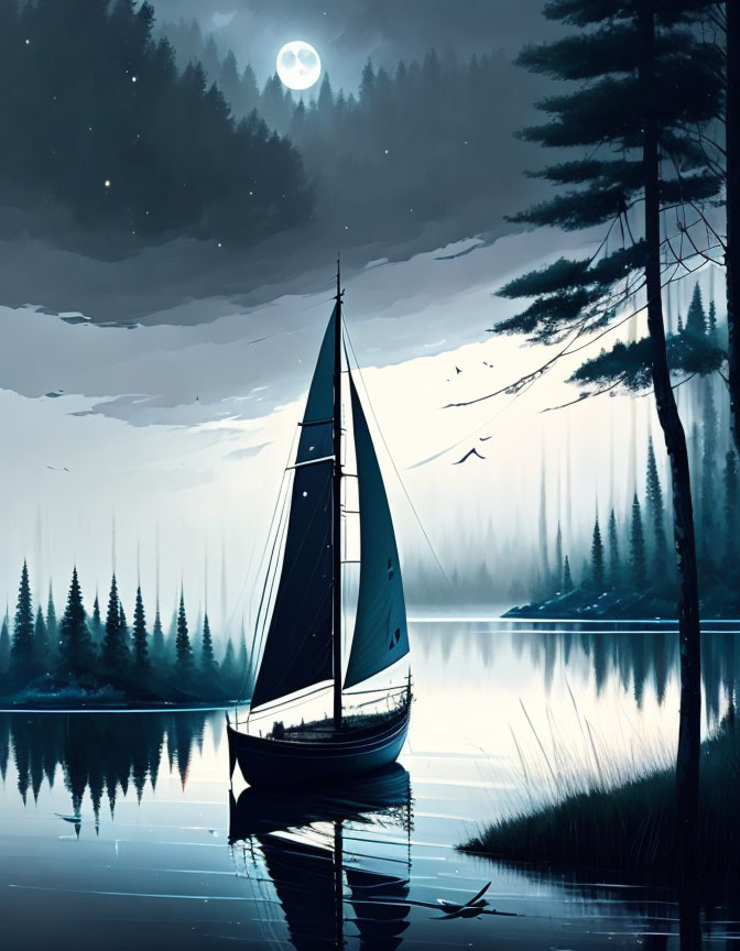 Tranquil night sailboat scene with moonlit forest and starry sky