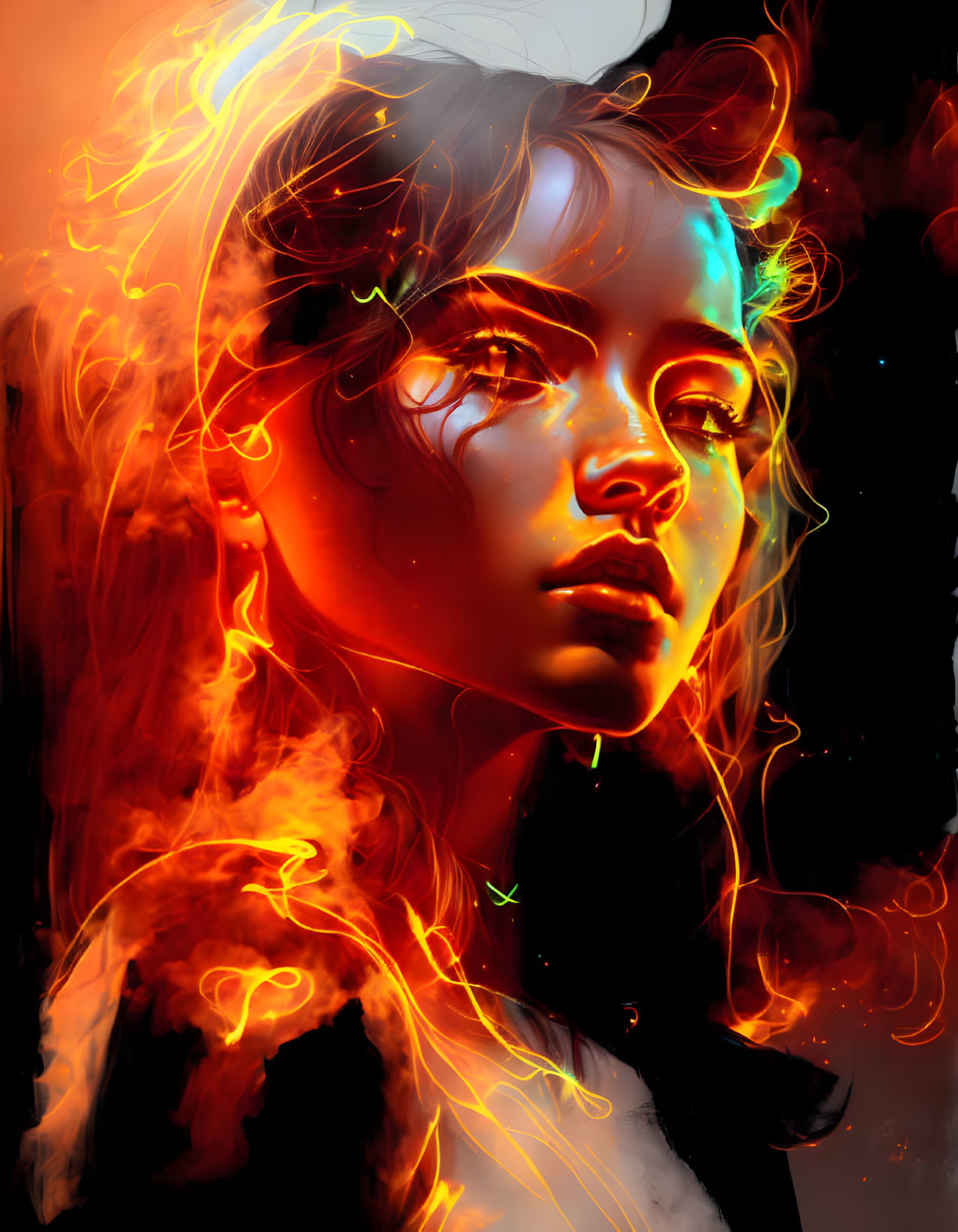 Vibrant digital portrait of young woman with fiery elements and neon colors