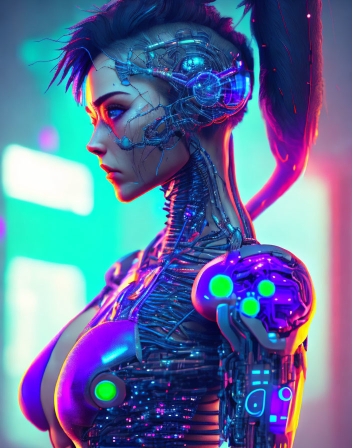 Futuristic cyborg woman with intricate mechanical details and neon lighting