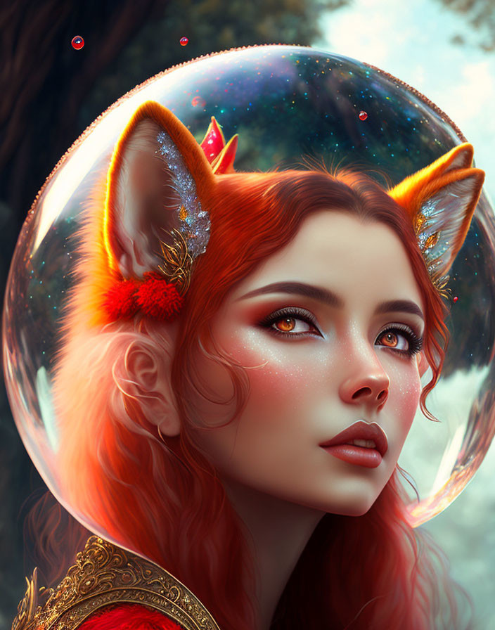 Fantastical portrait of woman with red hair, fox ears, crown, and cosmic orb.