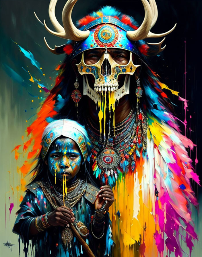 Tribal Attired Figures with Skull Masks on Colorful Background