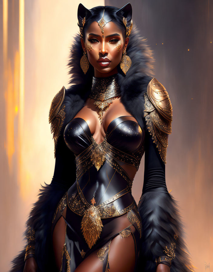 Fantasy portrait of a woman in regal armor with cat-like ears and gold accents