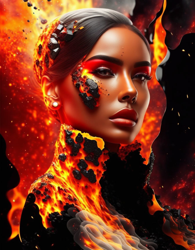 Digital artwork: Woman with fiery elements and lava textures on body and face