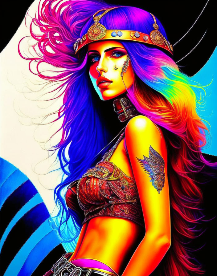 Colorful digital artwork of a woman with flowing hair, blue eyes, tribal jewelry.