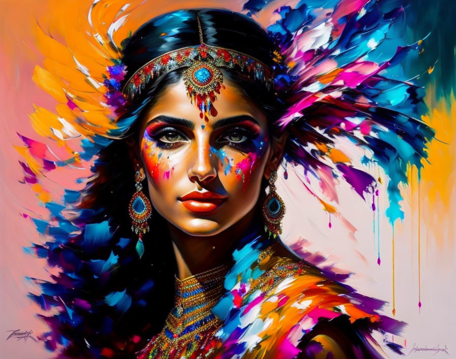 Colorful Portrait of Woman with Traditional Jewelry and Feathered Headdress